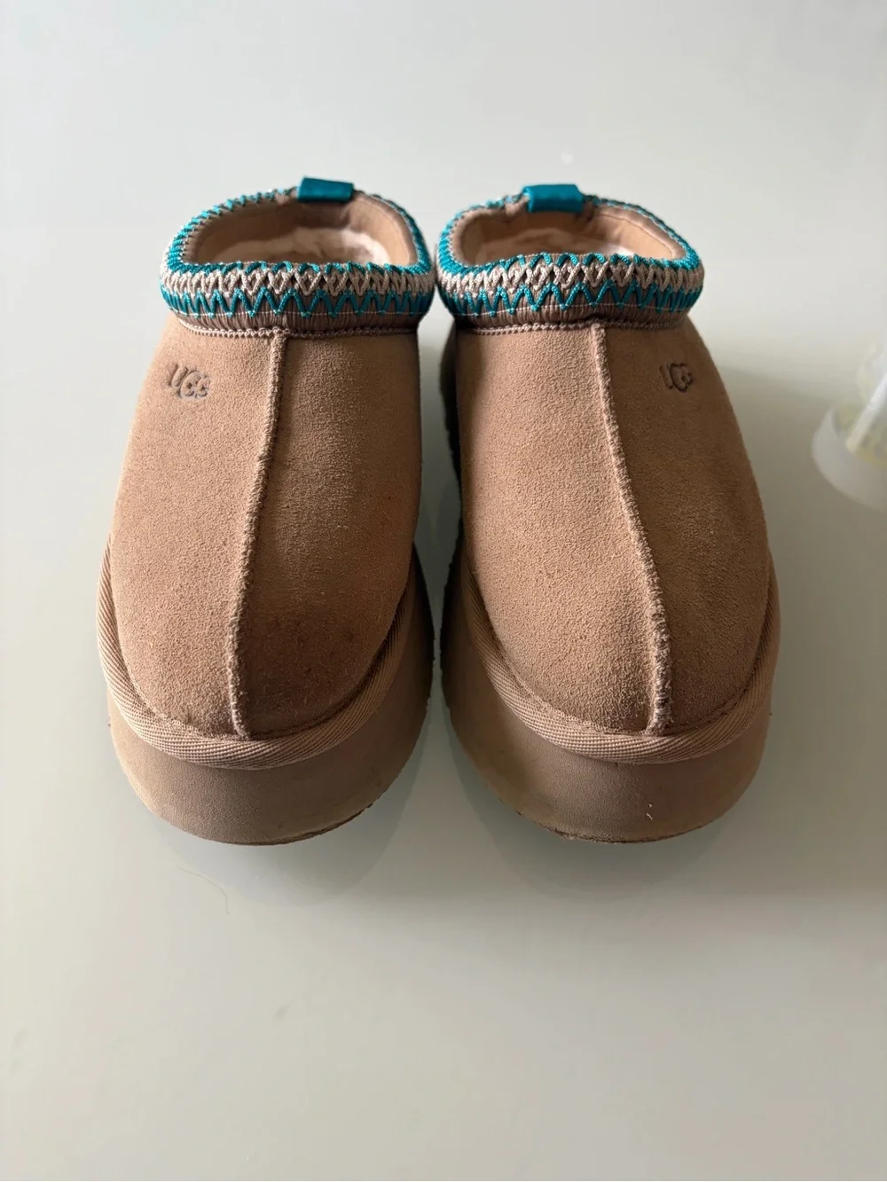 UGG Tan Mule with Turquoise and Cream Stitching Sz 5